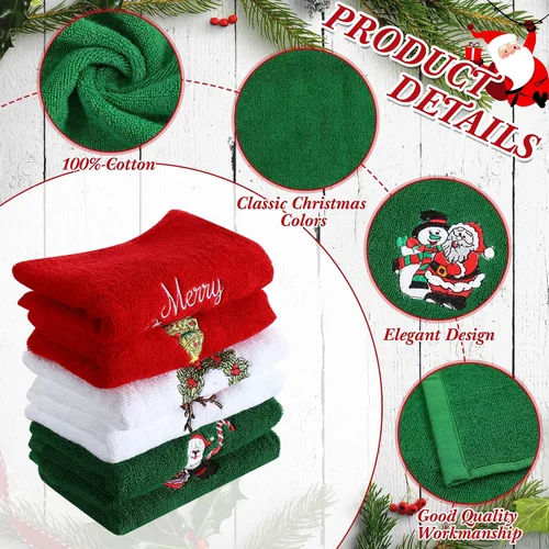 Vista 3 de Ganeen 6 toallas de mano navideñas para baño, 12 x 18 pulgadas, juego de toallas de cocina de muñeco de nieve azul, juego de toallas decorativas