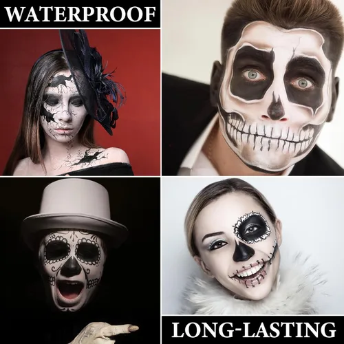 Vista 4 de Kit de maquillaje de pintura facial de Halloween, pintura corporal negra y blanca, efectos especiales, fiestas, bromista blanco, cosplay, disfraz