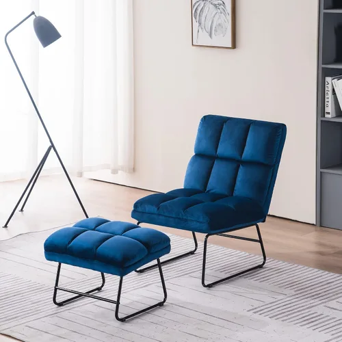 Vista 2 de MCombo Silla decorativa de terciopelo con otomana, acogedora silla de rincón de lectura para espacios pequeños, moderna silla sin brazos para Azul