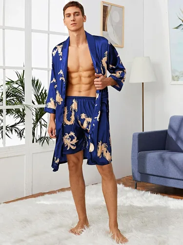 Vista 4 de SOLY HUX Men's Long Sleeve Silk Sleepwear Satin Kimono Robe with Shorts Pajamas Set