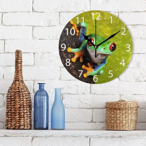 Vista 3 de Reloj de pared redondo con diseño de rana de árbol de ojos rojos, pintura al óleo silenciosa sin tictac, decorativo para el hogar, oficina, escuela