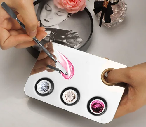 Vista 4 de Paleta de mezcla de maquillaje, paleta de maquillaje de acero inoxidable de 6 x 4 pulgadas, paleta de mezcla de 3 pocillos para arte de uñas, paleta