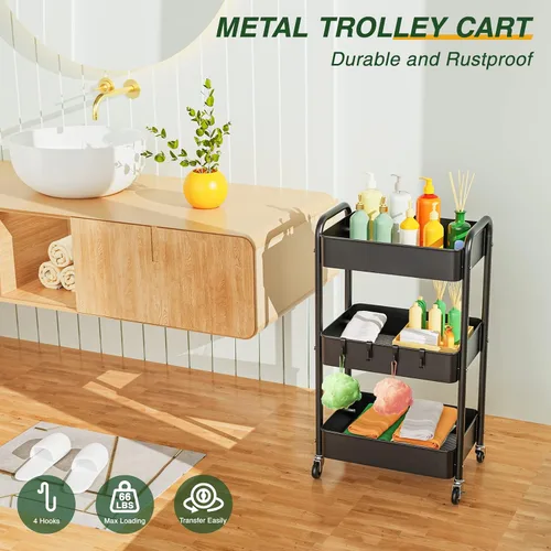 Vista 2 de LEHOM Carrito rodante de 3 niveles, carrito utilitario de metal con ruedas y ganchos bloqueables, organizador multifuncional de almacenamiento