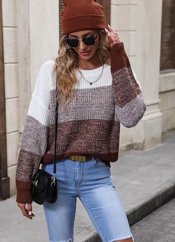 Vista 2 de Suéter de manga larga con cuello redondo y rayas para mujer, suéter de punto suave, ajuste holgado