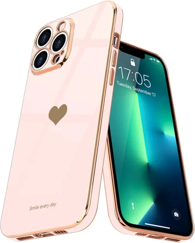 Vista 11 de Teageo Funda para iPhone 13 Pro para mujeres y niñas, diseño de corazón de amor, cubierta trasera suave, protección completa de la cámara, Negro