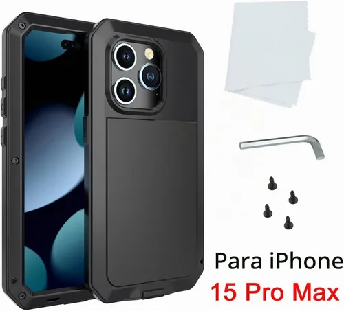 Vista 7 de Compatible con iPhone 15 Pro Max, funda protectora de cuerpo completo 360, resistente a los golpes, funda de metal de aleación de aluminio con Negro