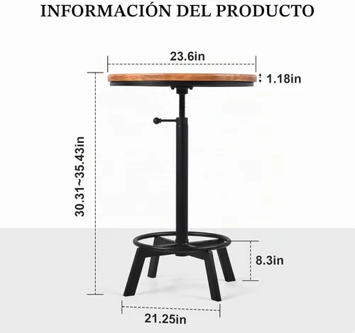 Vista 3 de LOKKHAN Mesa de bar giratoria ajustable de 30 a 35.4 pulgadas, mesa redonda de madera de 23.6 pulgadas de diámetro, cocina industrial rústica