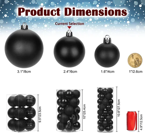 Vista 6 de Adornos de bolas de Navidad negras de 2.36 pulgadas, 25 piezas inastillables, set de adornos de Navidad, bolas de Halloween, adorno negro para árbol