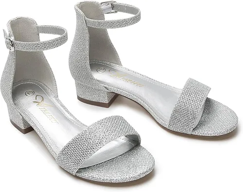 Vista 4 de Athlefit Sandalias para niñas, puntera abierta, correa en el tobillo, tacones bajos, zapatos de vestir para niñas pequeñas y grandes