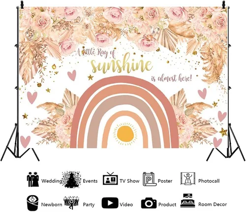 Vista 3 de YongFoto Telón de fondo de arco iris bohemio de 5 x 3 pies para baby shower, hierba de las pampas, arco iris bohemio, baby shower, un pequeño rayo
