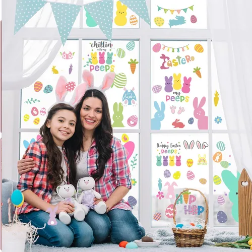 Vista 5 de Decoraciones de conejito para ventana, 9 hojas reutilizables estáticas para ventana, huevos de conejo de Pascua, calcomanías de doble cara