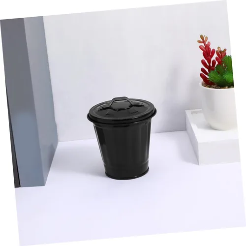 Vista 8 de POPETPOP Mini bote de basura con tapa, pequeño cubo de basura de metal, soporte para bolígrafos, maceta pequeña, organizador para el hogar, oficina