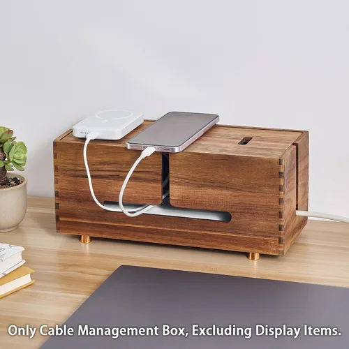 Vista 5 de SARUFO Caja de organización de cables de madera de acacia, organizador de cables de madera con 4 pies de metal, organizador para escritorio y piso