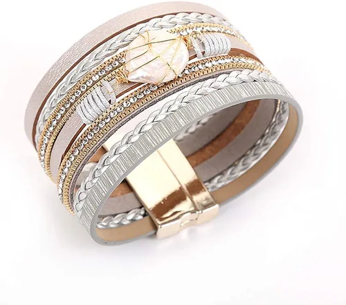 Vista 3 de EunWow Pulsera de cuero multicapa para mujer cierre magnético