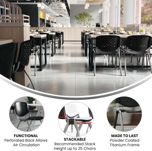 Vista 4 de Flash Furniture - Silla apilable de plástico negro de la serie HERCULES con capacidad de 880 lb. y marco recubierto en polvo de color gris titanio