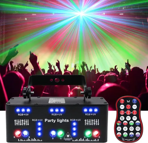 Vista 9 de Luces láser para DJ, luces de fiesta Pro 4 en 1 con activación por sonido y control DMX, espectáculo de luz láser RGBW y efecto de haz UV, luz láser