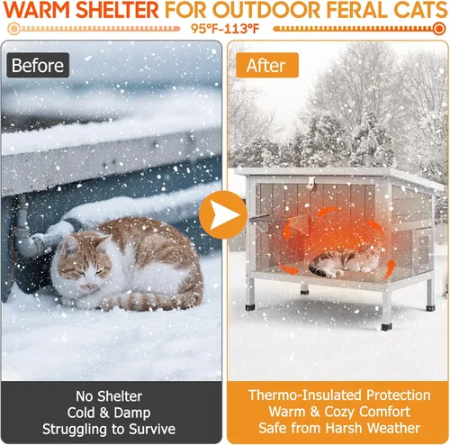 Vista 12 de PetsCosset Casa aislada para gatos al aire libre, resistente a la intemperie, refugio para gatos ferales para invierno, aislamiento de espuma