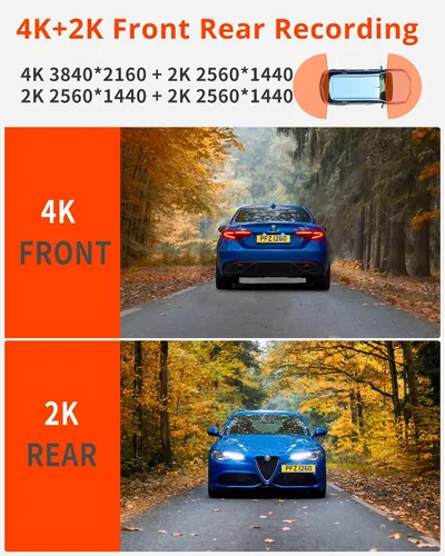 Vista 2 de Cámara de salpicadero Kingslim D4PRO delantera y trasera - Cámara de salpicadero dual para coche 4K + 2K con WiFi GPS, grabación interior opcional