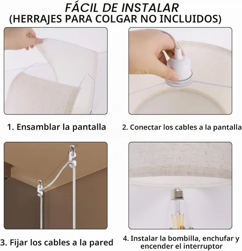 Vista 4 de Lámpara colgante enchufable, luces colgantes de 15 pies con cable de enchufe, interruptor de encendido/apagado, pantalla de lino, lámpara colgante