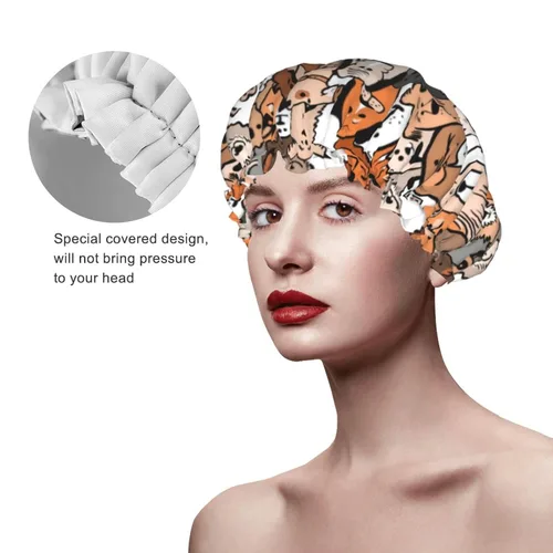 Vista 4 de Doodle - Gorro de ducha de perros y gatos para mujer, doble capa impermeable, sombrero de ducha grande diseñado para todos los cabellos