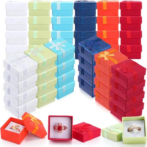 Vista 8 de Yinkin Juego de 120 cajas de regalo de anillo de cartón con lazo, cuadrado, varios colores, pequeño, caja de joyería dura para cumpleaños, 6