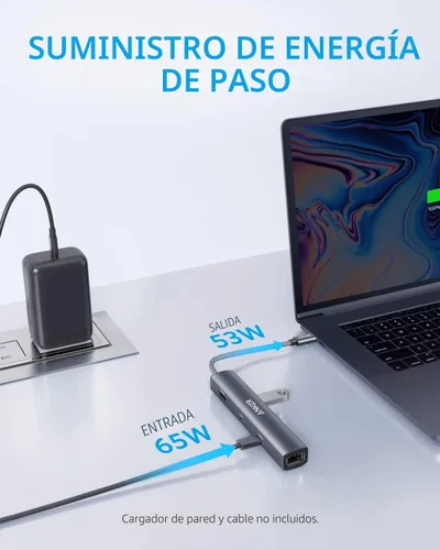 Vista 3 de Anker - Hub USB C 6 en 1 con entrega de energía de 65W, HDMI 4K, Ethernet de 1 Gbps, puertos USB para MacBook Air, iPad Pro, XPS y más