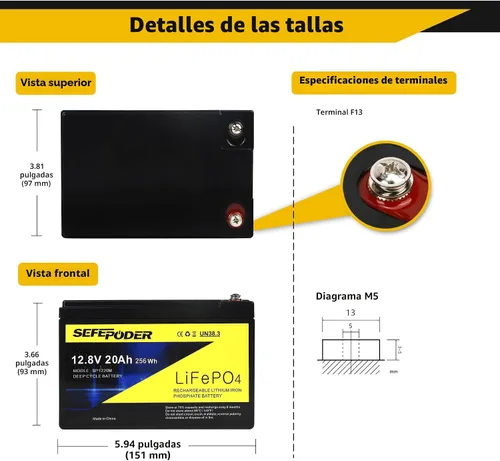 Vista 2 de SEFEPODER Batería de ciclo profundo LiFePO4 de litio de 12 V 20 Ah, batería recargable de 4000 ciclos para iluminación, rueda eléctrica, buscador