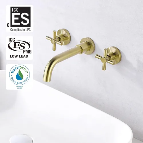 Vista 2 de Grifo de baño de latón cepillado para montaje en pared, dos asas cruzadas y válvula empotrada incluida, SUMERAIN Oro cepillado