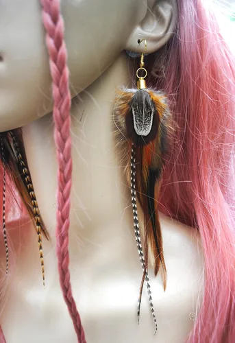 Vista 5 de Real Feather Earrings Boho Feather earrings in Natural Feathers Brown Amber and Tan tones
