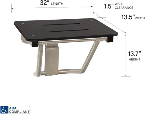 Vista 2 de Asiento de ducha plegable de montaje en pared negro de 32" x 15", compatible con ADA