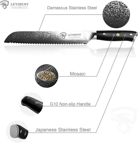 Vista 4 de Cuchillo de pan profesional de acero inoxidable japonés de Damasco de 8 pulgadas con mango negro Premium G10, cuchillo de cocina ergonómico