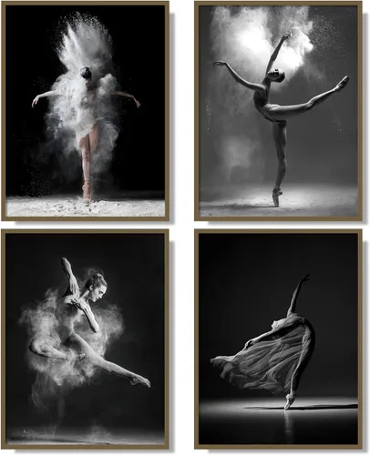 Vista 12 de NCYEL 4 piezas de arte de pared de ballet en blanco y negro, lienzos de chica bailando, elegante decoración de pared de danza, póster moderno