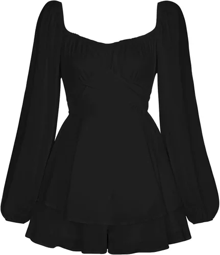 Vista 5 de Mameluco de manga abombada para mujer, vestido con volantes y hombros descubiertos con pantalones cortos de manga larga con capas fluidas de pirata