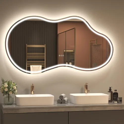 Vista 16 de SMIROR Espejo de Baño Retroiluminado Irregular con Luces 20 x 32, Espejo de Tocador con Luz LED Asimétrica en Forma de Nube para Pared