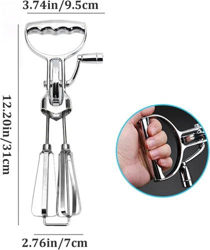 Vista 5 de Batidora de mano manual, batidor de huevos de manivela de acero inoxidable, batidor de huevos giratorio de doble cabezal con manivela, herramienta