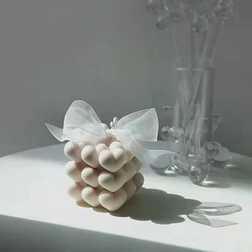 Vista 3 de Molde de vela de silicona con forma de corazón de 2 cavidades, molde de burbujas geométricas 3D para hacer velas, jabón de resina, moldes de corazón