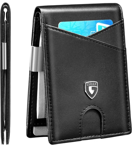Vista 67 de GSOIAX Cartera delgada de cuero plegable RFID para hombre, billetera minimalista con bolsillo frontal con clip para dinero, 12 ranuras para Negro