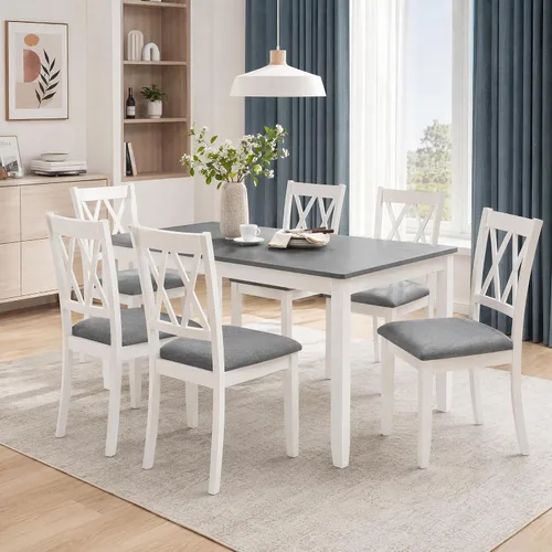 Vista 9 de Juego de mesa de comedor Trygoal para 5, juego moderno de 6 piezas para comedor con mesa rectangular, 4 sillas tapizadas con respaldo y un banco