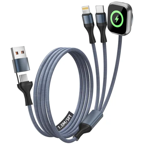 Vista 28 de Travel Essentials - Cable de carga múltiple 4 en 1 para cargador de reloj de iPhone, USB A a doble tipo C/IP/iWatch, cargadores de viaje