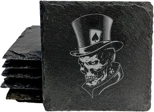 Vista 9 de Top Hat & Terror: Skull Joker Posavasos - Pizarra redonda - Juego de 4