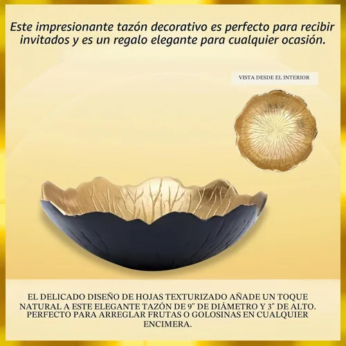 Vista 3 de Cuenco de hojas para servir frutas, aperitivos, negro y dorado, elegante decoración del hogar, mesa de mesa, charcutería, plato de tocador