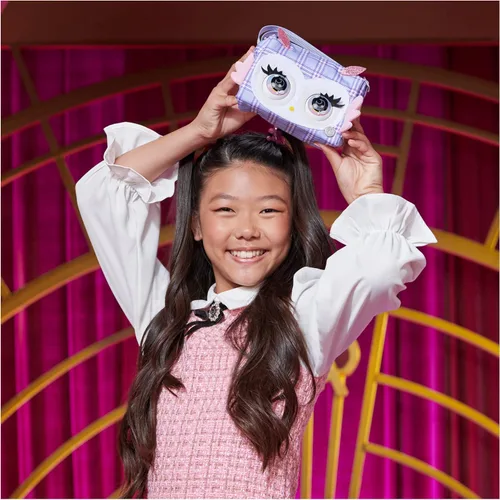 Vista 7 de Purse Pets, Print Perfect Hoot Couture Owl, juguete interactivo para mascotas y bolsa de hombro con más de 30 sonidos y reacciones, juguetes