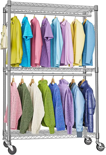 Vista 18 de M MZG Perchero resistente con ruedas de 3 niveles de alambre ajustable con 3 varillas y ganchos laterales, estante de ropa para armario, color Negro