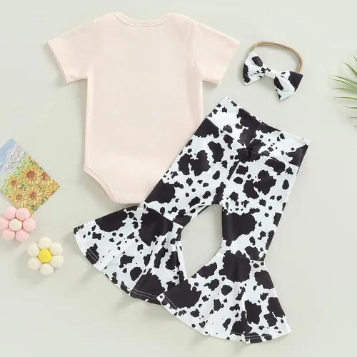 Vista 28 de fhutpw Conjunto de camiseta de manga corta con estampado de vaca y pantalones acampanados de dibujos animados para niñas