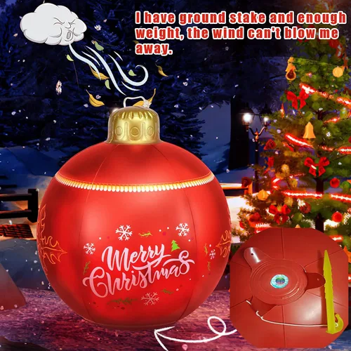 Vista 5 de Bola de Navidad inflable de cloruro de polivinilo iluminada, con luz LED de 24 pulgadas, decoración de Navidad al aire libre, bola inflable decorada