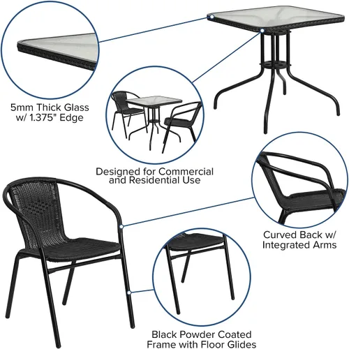 Vista 3 de Flash Furniture Lila Mesa Cuadrada de Vidrio y Metal de 28'' con Bordes de Ratán Negro y 2 Sillas Apilables de Ratán Negro