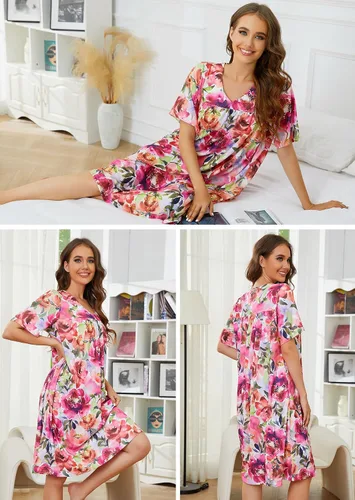 Vista 3 de Bloggerlove Vestido floral de manga corta con cuello en V y bolsillos para mujer, perfecto para descansar y relajarse en casa