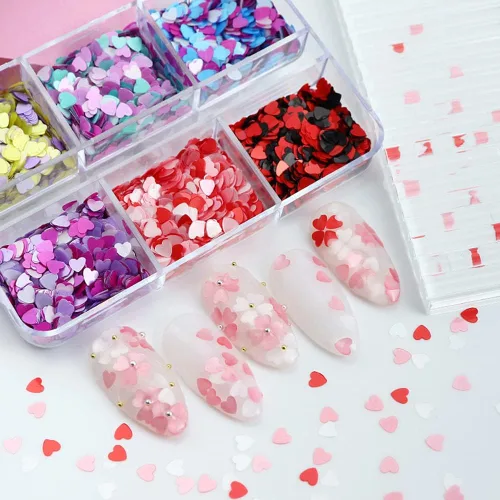 Vista 7 de Calcomanías de uñas con purpurina en forma de corazón 3D, diseño brillante para decoración de uñas acrílicas, dijes, decoración de uñas, accesorios