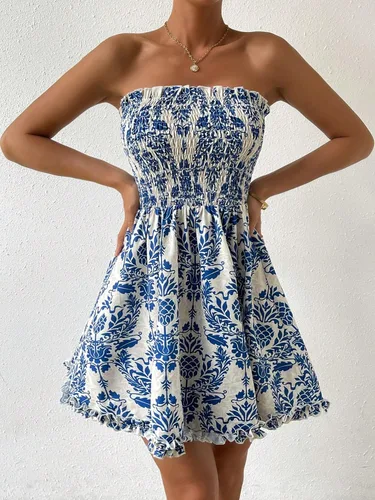 Vista 5 de Floerns Vestido acampanado estilo bohemio sin tirantes para mujer