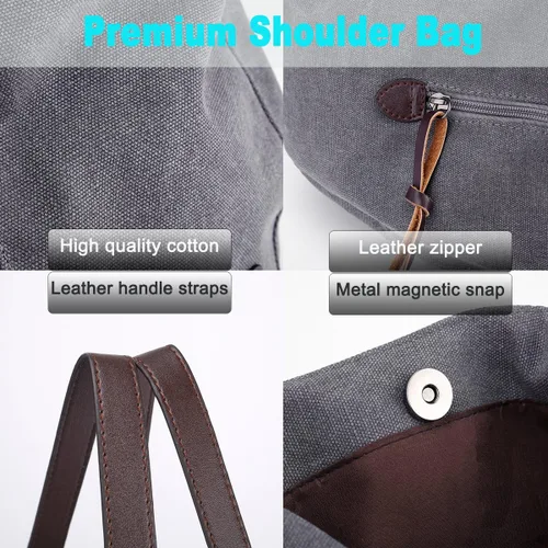 Vista 8 de DOURR Bolso de hombro con múltiples bolsillos para mujer bolso de lona de algodón a la moda